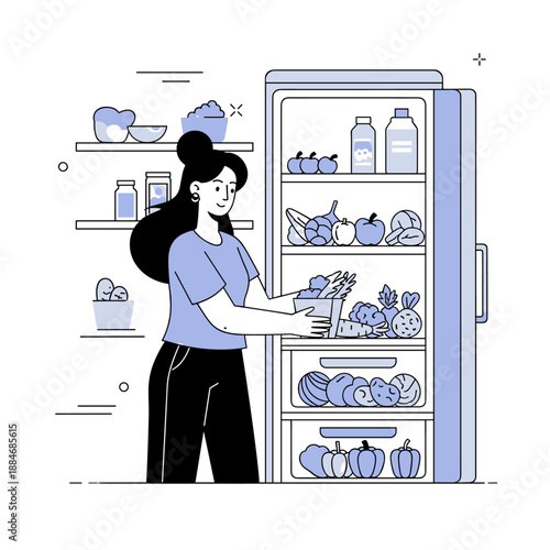 Young asian female organizing healthy groceries in refrigerator