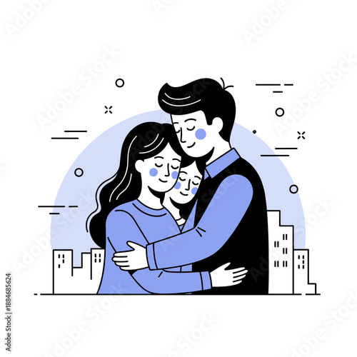 Young caucasian family hugging against minimalistic cityscape background
