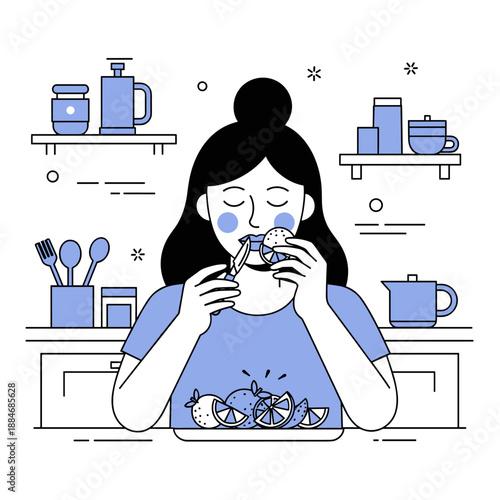 Young asian female enjoying citrus fruits in modern kitchen illustration