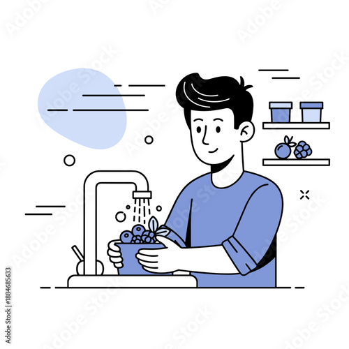 Young hispanic male washing vegetables in kitchen illustration