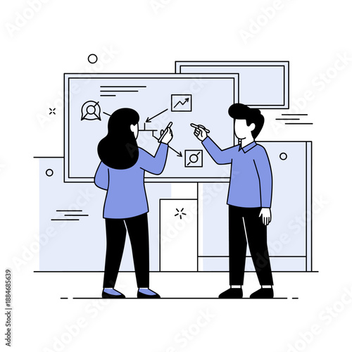 Caucasian male and female adults collaborating on business presentation