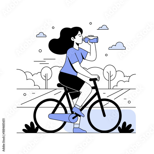 Young female cycling in nature, drinking water, summer day