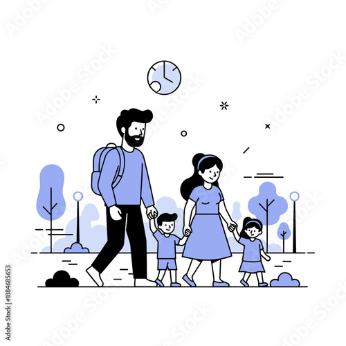 Family of five enjoying a leisurely walk in the park with kids and parents