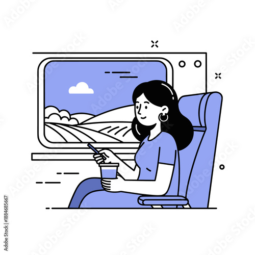 Young female enjoying scenic train ride with coffee and view