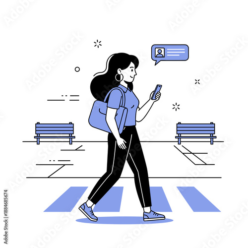 Young hispanic female walking with smartphone in urban park setting