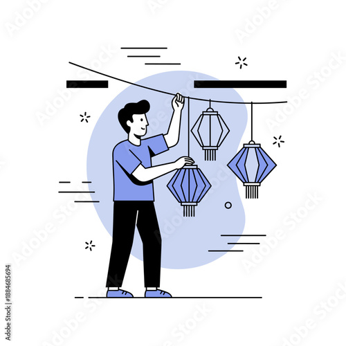 Illustration of young caucasian male hanging decorative lanterns outdoors