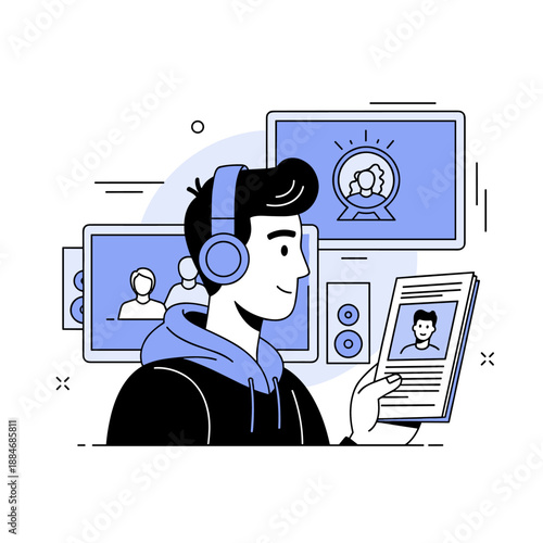 Young male with headphones reading in modern tech environment