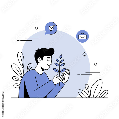 Young caucasian male in thoughtful pose with plant and digital icons