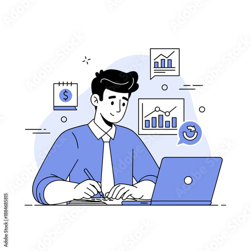 Young caucasian male analyzing financial data on laptop in office setting