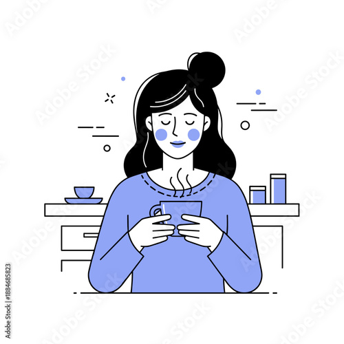 Young caucasian female enjoying a hot beverage in a cozy kitchen setting