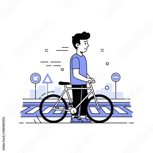 Young male with bicycle crossing street in urban setting