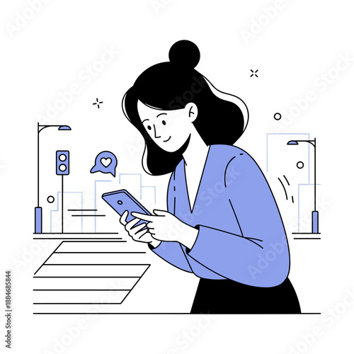 Asian female young adult using smartphone outdoors in urban setting