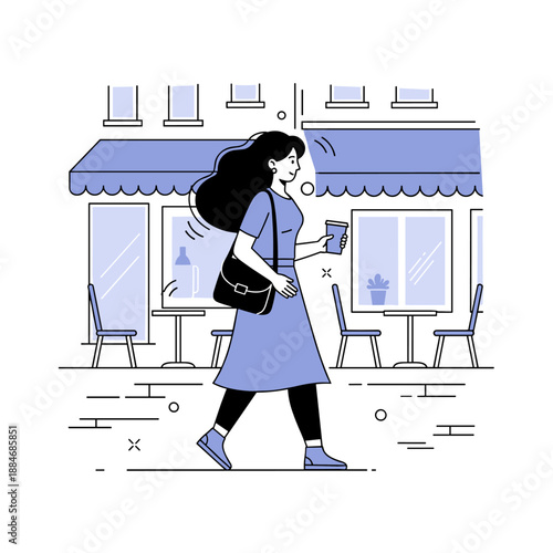 Young caucasian female strolling with coffee in urban cafe scene