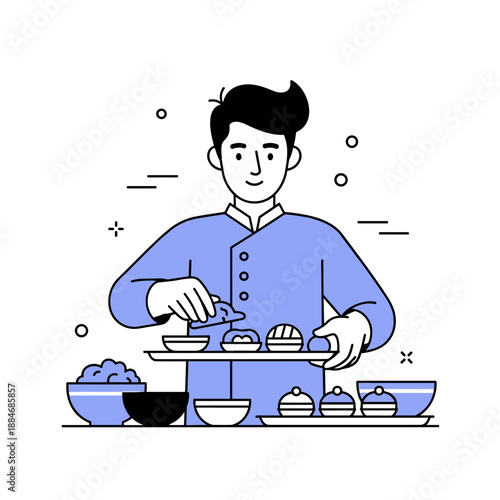 Young asian male chef preparing pastries in kitchen illustration