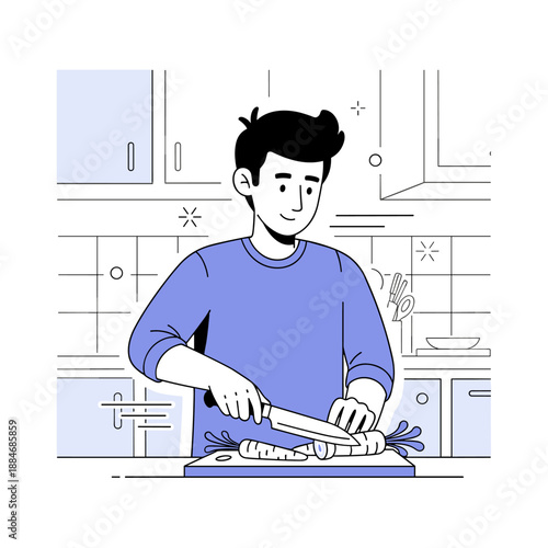 Young male cooking in kitchen cartoon illustration