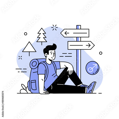 Male traveler resting by direction signs in nature scene