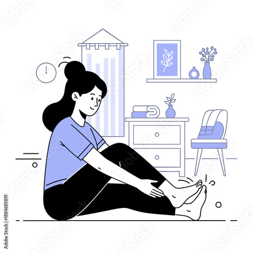 Young asian female relaxing and stretching at home in a cozy minimalist room