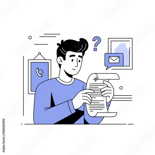 Young caucasian male reading document with question mark and communication icons