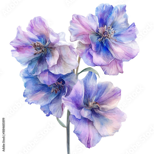 Delphinium, clean semi-realistic fantasy style, soft magical glow, watercolor artwork, white backgroundv