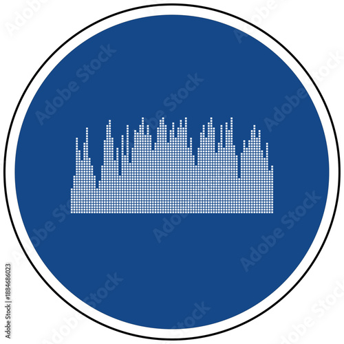 Vektor Illustration blaues rundes Schild mit digitalem Equalizer Frequenzbalken Tonspektrum Audio Visualisierung Musik Sound Pegel Anzeige Technik Icon Grafik Vektor