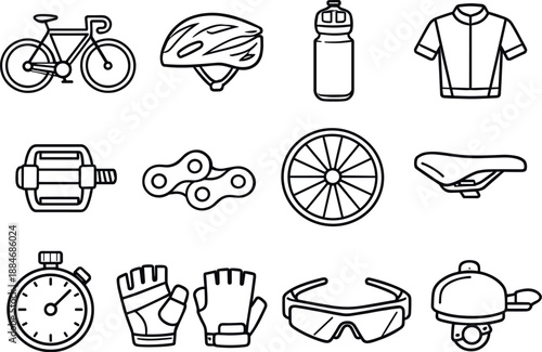 Image Generation. Line style of Cycling event vector icons: bicycle, helmet, water bottle, jersey; pedal, chain, wheel, saddle;