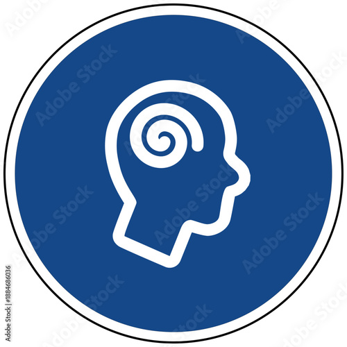 Vektor Grafik blaues rundes Schild mit Kopf und Spirale als Symbol für Psychologie Hypnose Mentale Gesundheit Gehirn Gedanken Verwirrung Kreativität und Therapie Icon Vektor