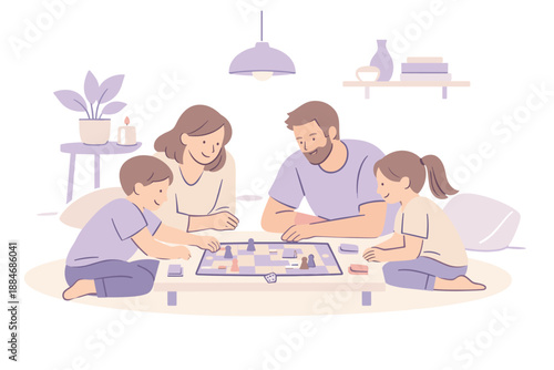 Family Game Night. Family members sitting together and playing a board game at home, flat modern illustration of several figures