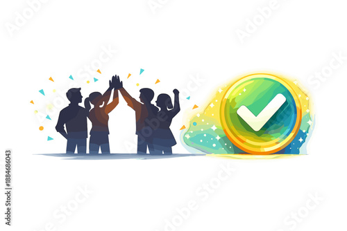 Team Launch Celebration. Team celebration vignette with silhouettes high-fiving beside a glowing checkmark badge and confetti-like