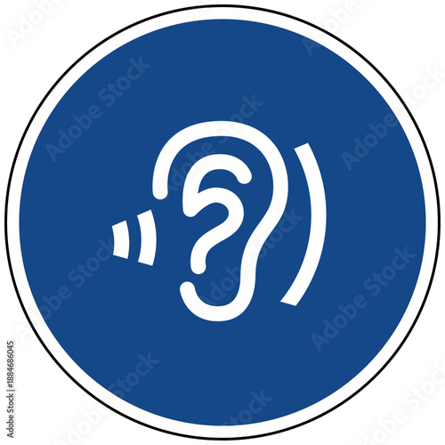 Vektor Illustration blaues rundes Schild mit Ohr und Schallwellen als Symbol für Gehör Hörgerät Akustik Hören Inklusion Barrierefreiheit und Kommunikation Icon Grafik Vektor
