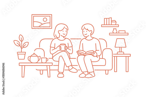 Calm Living Room. Two friends sit comfortably in a living room sharing a quiet moment Minimalist flat line vector illustration,