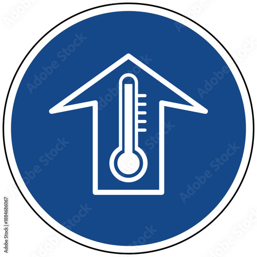 Vektor Illustration blaues rundes Schild mit Thermometer und Pfeil nach oben für steigende Temperaturen Hitze Klimawandel Erwärmung Fieber und Hitzeperiode Icon Grafik Vektor