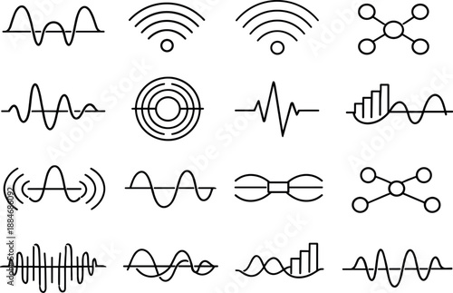 Image Generation. Line style vector icons of customer support service analytics and reporting: resonance contour, pattern arc,