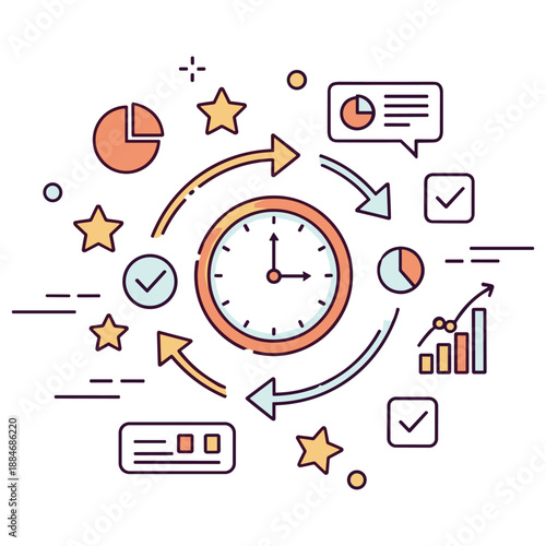 Colorful time management concept with clocks, charts, and arrows