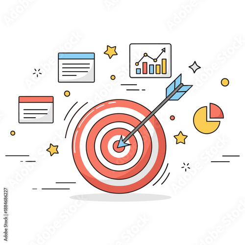Target and growth chart with arrow hitting bullseye in business concept illustration