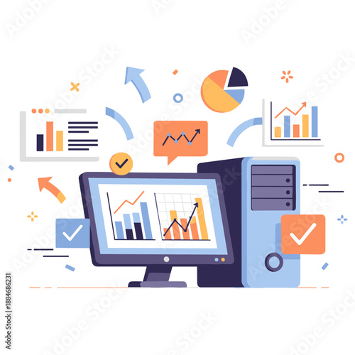 Data analytics visualization on dual monitors with server unit and graphs