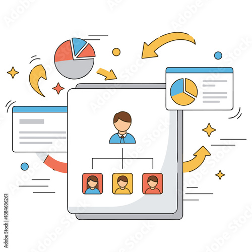 Business team structure diagram with charts and arrows