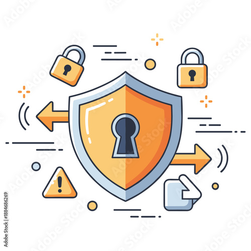 Shield with lock and arrows illustrating cybersecurity and data protection