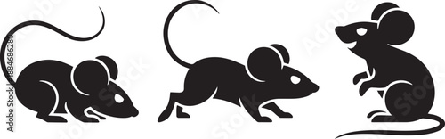 3 Mice in Crawling, Running and Sitting Poses — Black and White Silhouette Vector Illustration for Animal Design