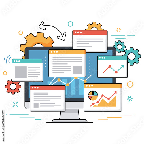 Computer monitor with data analytics interface featuring graphs and charts
