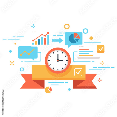 Colorful infographic with clock and data elements on white background