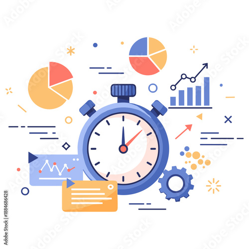 Stopwatch with charts and graphs illustrating business analytics and time management