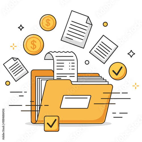 Organized financial documents and coins with orange file folder