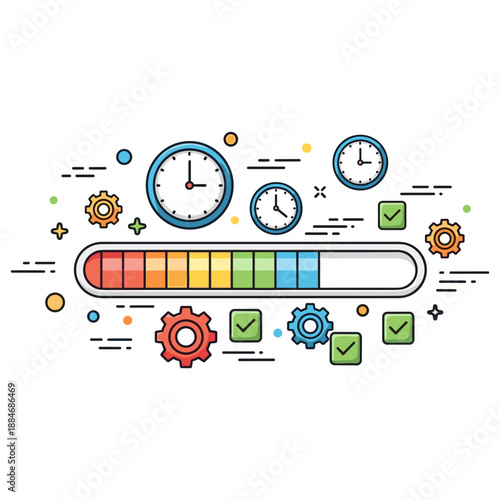 Colorful progress bar with clocks and gears symbolizing time management