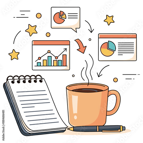 Business analysis with charts, coffee, and notepad