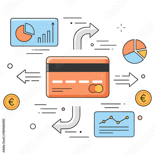 Credit card and financial analysis with charts and arrows