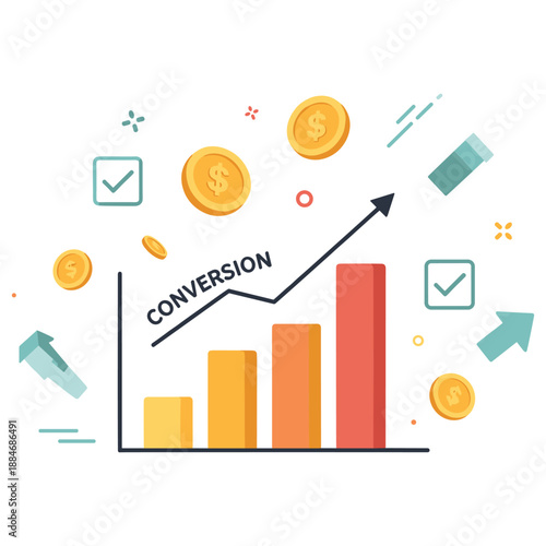 Colorful graph illustrating conversion increase with rising bars, arrows, and currency symbols