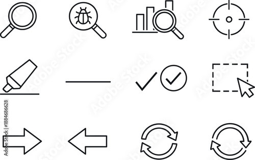 Image Generation. Line style icons of Find tools: search glass, inspect, analyze, detect; highlight, underline, mark, select;