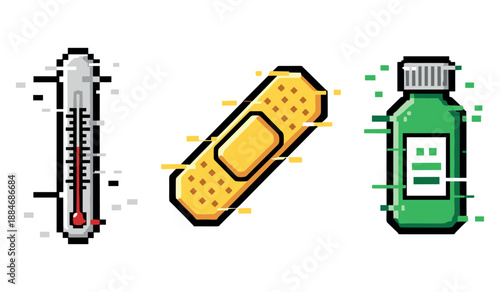Pixel art medical icons: thermometer, bandage, medicine bottle
