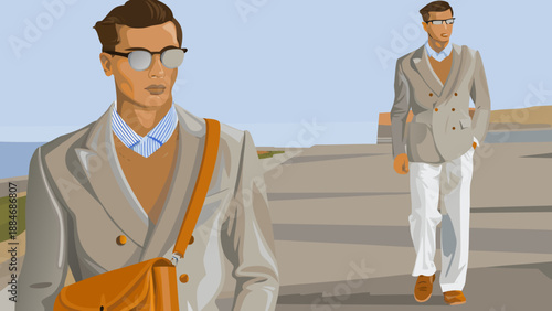 Male cartoon model wearing a premium blazer and dress pants, round glasses, a stylish crossbody bag, and his hair combed back.