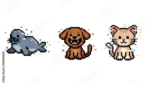 Pixel art animals: seal, dog, and cat in cute cartoon style